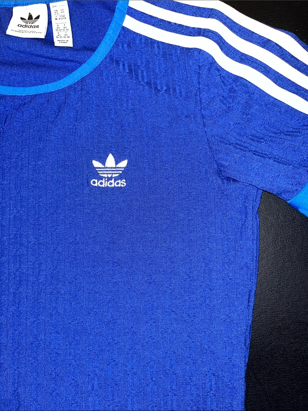 adidas originals Blue Short Sleeve Tee with White Stripes cable knit stretch